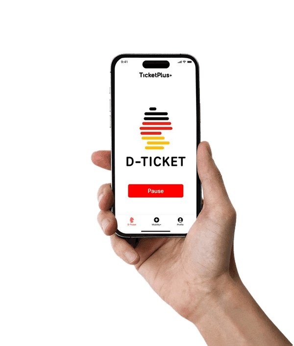 Hand holding a smartphone with the TicketPlus+ app – Deutschlandticket with Pause button, D-Ticket screen