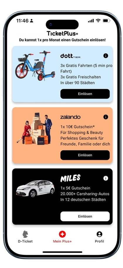 TicketPlus+ App – Mobilität+ tab with MILES car sharing, dott/TIER e-scooter, and Zalando €10 voucher monthly credits included with the Deutschlandticket