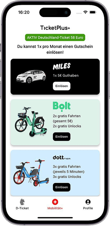 TicketPlus+ App – Mobilität+ tab with MILES car sharing, Bolt e-bike, dott and TIER e-scooter monthly credits included with the Deutschlandticket